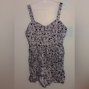 ModCloth Cream Dress with Black Skeleton & Purple Floral Print